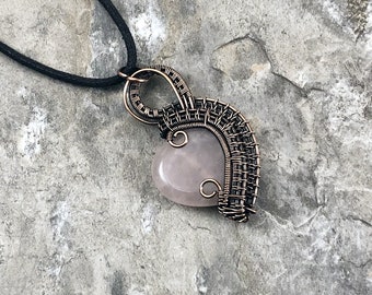 Rose Quartz Heart and Copper wire wrapped pendant - Gift for Him or Her - Unique - One of a Kind - Handmade in the USA               SKU0222