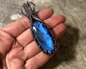 Handmade Flashy Labradorite Pendant: Copper Wire Wrapped Jewelry - Made in the USA          0385