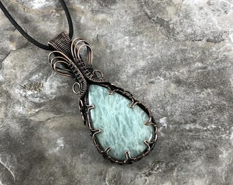 Handmade Amazonite Pendant: Copper Wire Wrapped Jewelry - Handmade in the USA          0224