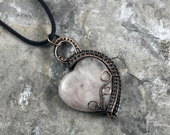 Rose Quartz Heart Pendant: Quality Handmade Copper Jewelry - Artisan Made - USA          0219