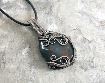 Moss Agate and Copper wire wrapped pendant - Gift for Him or Her - Unique - One of a Kind - Handmade in the USA                      SKU0210