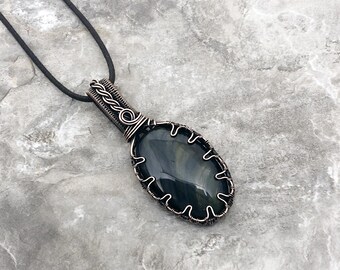 Handmade Blue Tiger's Eye Pendant: Copper Wire Wrapped Jewelry - USA Made         0247