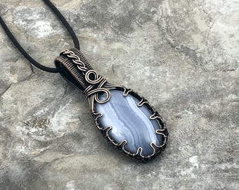 Blue Lace Agate Pendant: Quality Handmade Copper Jewelry - Artisan Made - USA          0309