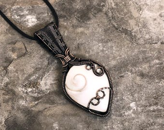 Handmade Shiva Shell Pendant: Copper Wire Wrapped Jewelry - Handmade in the USA          0350