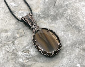 Handmade Banded Agate Pendant: Copper Wire Wrapped Jewelry - USA Made          0229