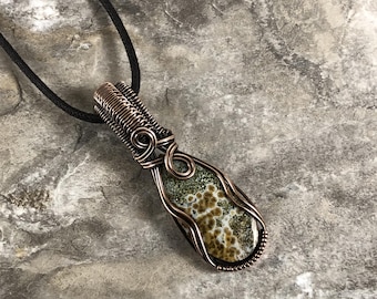 Handmade Ocean Jasper Pendant: Copper Wire Wrapped Jewelry - USA Made          0208