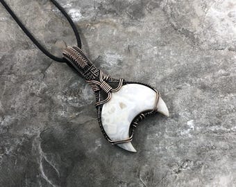Handmade Crescent Moon shaped Snow White Agate Pendant: Copper Wire Wrapped Jewelry - USA Made          0255