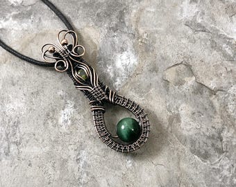 Dyed Tiger's Eye with green Cubic Zirconia Pendant: Quality Handmade Copper Jewelry - Artisan Made - USA 0246