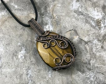 Handmade Tiger's Eye Pendant: Copper Wire Wrapped Jewelry - USA Made          0322