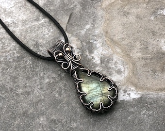 Handmade Labradorite Pendant: Copper Wire Wrapped Jewelry - Made in the USA          0207