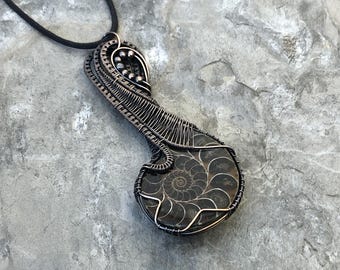 Handmade Ammonite Pendant: Copper Wire Wrapped Fossil Jewelry - Made in the USA          0399