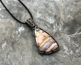Handmade Pink Lace Agate Pendant: Copper Wire Wrapped Jewelry - Handmade in the USA          0296