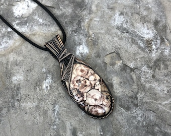 Handmade Bird's Eye Rhyolite Pendant: Copper Wire Wrapped Jewelry - USA Made          0146