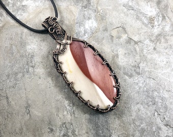 Mookaite Jasper and Copper wire wrapped pendant - Gift for Him or Her - Unique - One of a Kind - Handmade in the USA                 SKU0223