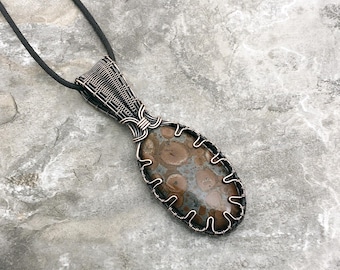 Handmade Orbicular Jasper Pendant: Copper Wire Wrapped Jewelry - USA Made          0331