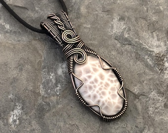 Handmade Thomsonite Pendant: Copper Wire Wrapped Gemstone Jewelry - Made in the USA         0396