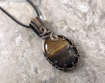 Banded Agate and Copper wire wrapped pendant - Gift for Him or Her - Unique - One of a Kind - Handmade in the USA                    SKU0232