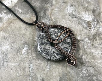Handmade Donut shaped Silver Lace Agate Pendant: Copper Wire Wrapped Jewelry - USA Made          0178