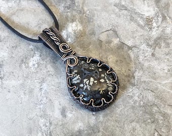 Handmade Black Agate Marcasite Pendant: Copper Wire Wrapped Jewelry - Made in the USA          0397