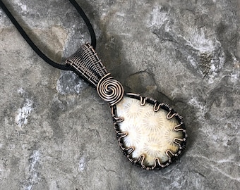 Handmade Coral Fossil Pendant: Copper Wire Wrapped Jewelry - Handmade in the USA          0360