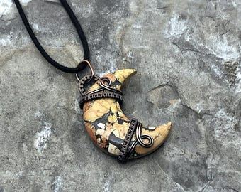 Handmade Crescent Moon shaped Maligano Jasper Pendant: Copper Wire Wrapped Jewelry - Handmade in the USA          0336