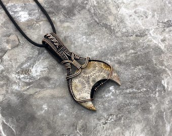 Handmade Crescent Moon shaped Coral Fossil Pendant: Copper Wire Wrapped Jewelry - USA Made          0329
