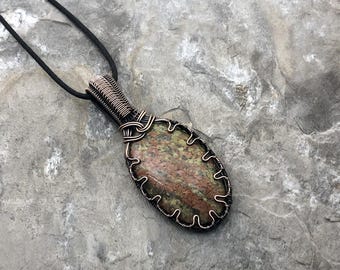 Handmade Unakite Pendant: Copper Wire Wrapped Jewelry - Made in the USA          0104