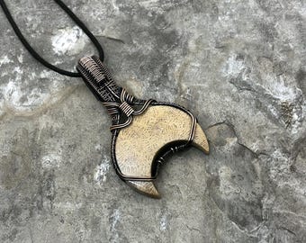 Handmade Crescent Moon shaped Brain Coral Fossil Pendant: Copper Wire Wrapped Jewelry - Handmade in the USA          0294