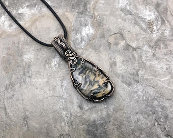 Handmade Dendritic Tiger Agate Pendant: Copper Wire Wrapped Jewelry - Handmade in the USA          0085