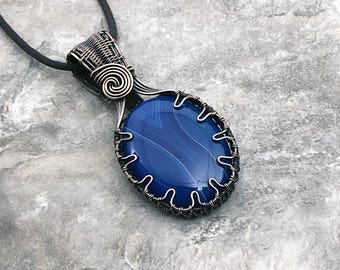 Handmade Dyed Banded Agate Pendant: Copper Wire Wrapped Jewelry - Handmade in the USA          0346