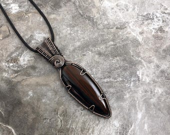 Handmade Tiger Iron Pendant: Copper Wire Wrapped Jewelry - Handmade in the USA          0308
