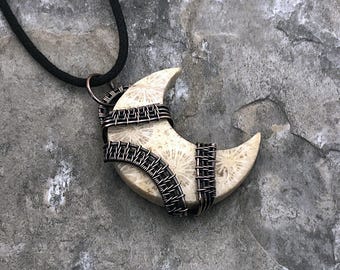 Handmade Crescent Moon shaped Coral Fossil Pendant: Copper Wire Wrapped Jewelry - USA Made          0380