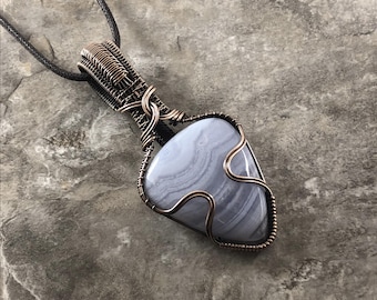 Handmade Blue Lace Agate Pendant: Copper Wire Wrapped Jewelry - USA Made          0260