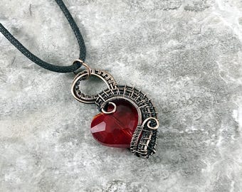 Handmade Red Heart Glass Pendant: Copper Wire Wrapped Jewelry - USA Made          0209