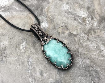 Handmade Hemimorphite Pendant: Copper Wire Wrapped Jewelry - Made in the USA          0214