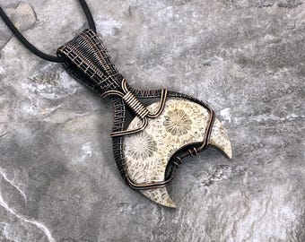 Crescent Moon shaped Coral Fossil Pendant: Quality Handmade Copper Jewelry - Artisan Made - USA          0319