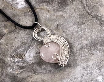 Rose Quartz Heart and Copper wire wrapped pendant - Gift for Him or Her - Unique - One of a Kind - Handmade in the USA               SKU0201