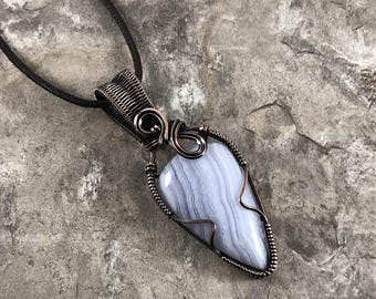 Blue Lace Agate Pendant: Quality Handmade Copper Jewelry - Artisan Made - USA          0300