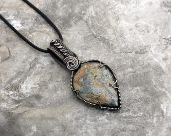 Handmade Agate Pendant with Marcasite: Copper Wire Wrapped Jewelry, USA Made          0326