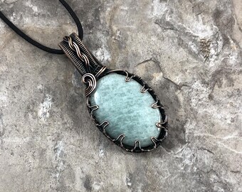 Handmade Amazonite Pendant: Copper Wire Wrapped Jewelry - USA Made          0332