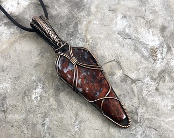 Handmade Red Plume Agate Pendant: Copper Wire Wrapped Jewelry - USA Made          0190