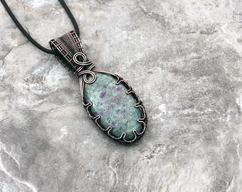 Handmade Ruby Fuchsite Pendant: Copper Wire Wrapped Jewelry - USA Made          0327