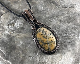 Handmade Honey Dendritic Opal Pendant: Copper Wire Wrapped Jewelry - Handmade in the USA          0275