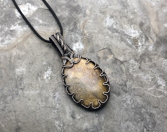 Handmade Flower Coral Fossil Pendant: Copper Wire Wrapped Jewelry - Handmade in the USA          0357