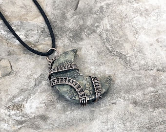 Handmade Crescent Moon shaped Marcasite in Agate Pendant: Copper Wire Wrapped Jewelry - USA Made          0342