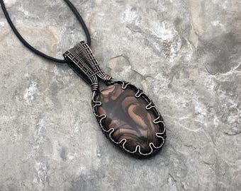 Handmade Cappuccino Jasper Pendant: Copper Wire Wrapped Jewelry - USA Made          0087