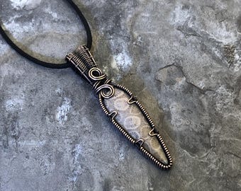Handmade Coral Fossil Pendant: Copper Wire Wrapped Jewelry - USA Made          0386