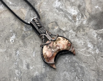 Handmade Crescent Moon shaped Rose Garden Jasper Pendant: Copper Wire Wrapped Jewelry - Handmade in the USA          0256