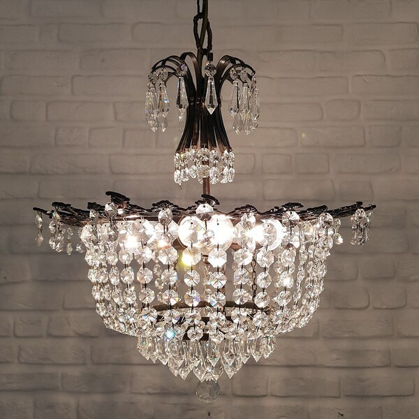 Antique Vintage Brass & Crystals Chandelier Ceiling Light Pendant Lighting Glass Lamp from 1950's