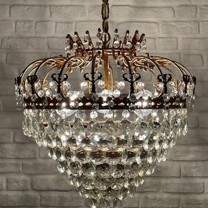 Antique Vintage Brass & Crystals GIANT Crown Chandelier Ceiling Light Pendant Lighting Glass Lamp from 1950's